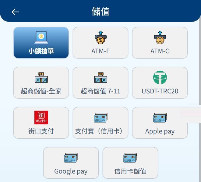鉅城娛樂城儲值頁:小額搶單、ATM、超商、USDT、街口支付、Apple Pay、Google Pay、信用卡等 11 種儲值方式